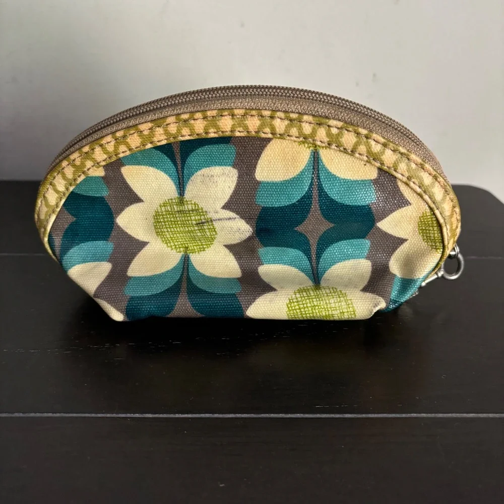 Fossil Key-Per | Retro Floral Coated Canvas Cosmetic Makeup Bag | Teal Green